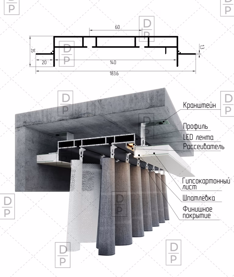 Низкий карниз AP1025 скрытый карниз - Теневые потолки
